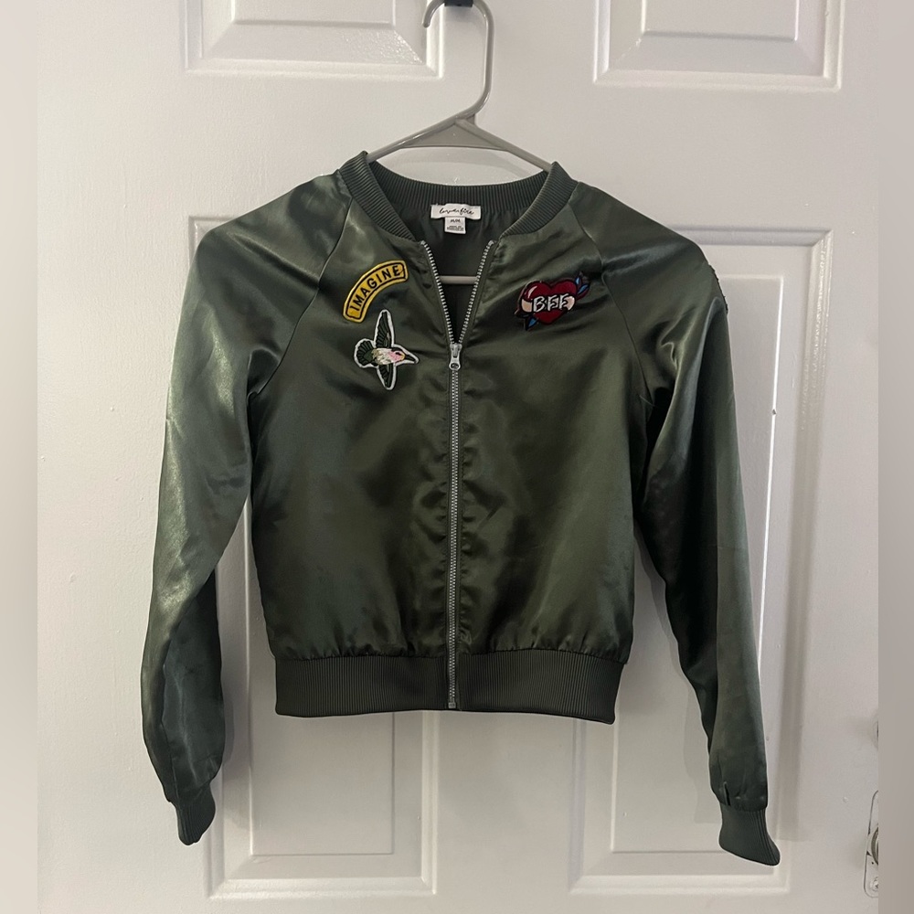 Sz M Love Fire Satin Sticker Green Army Bomber Jacket